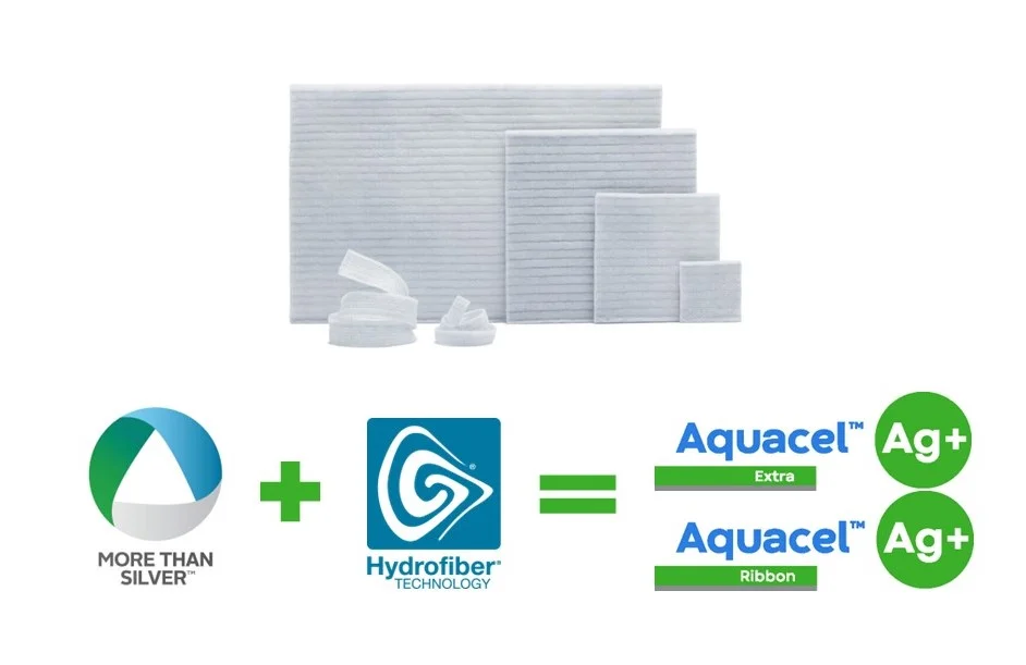 Medicazione a nastro Aquacel™ Ag+ Extra e Aquacel™ Ag+ con tecnologia Hydrofiber™ e Ag+ Technology - un argento ionico unico.