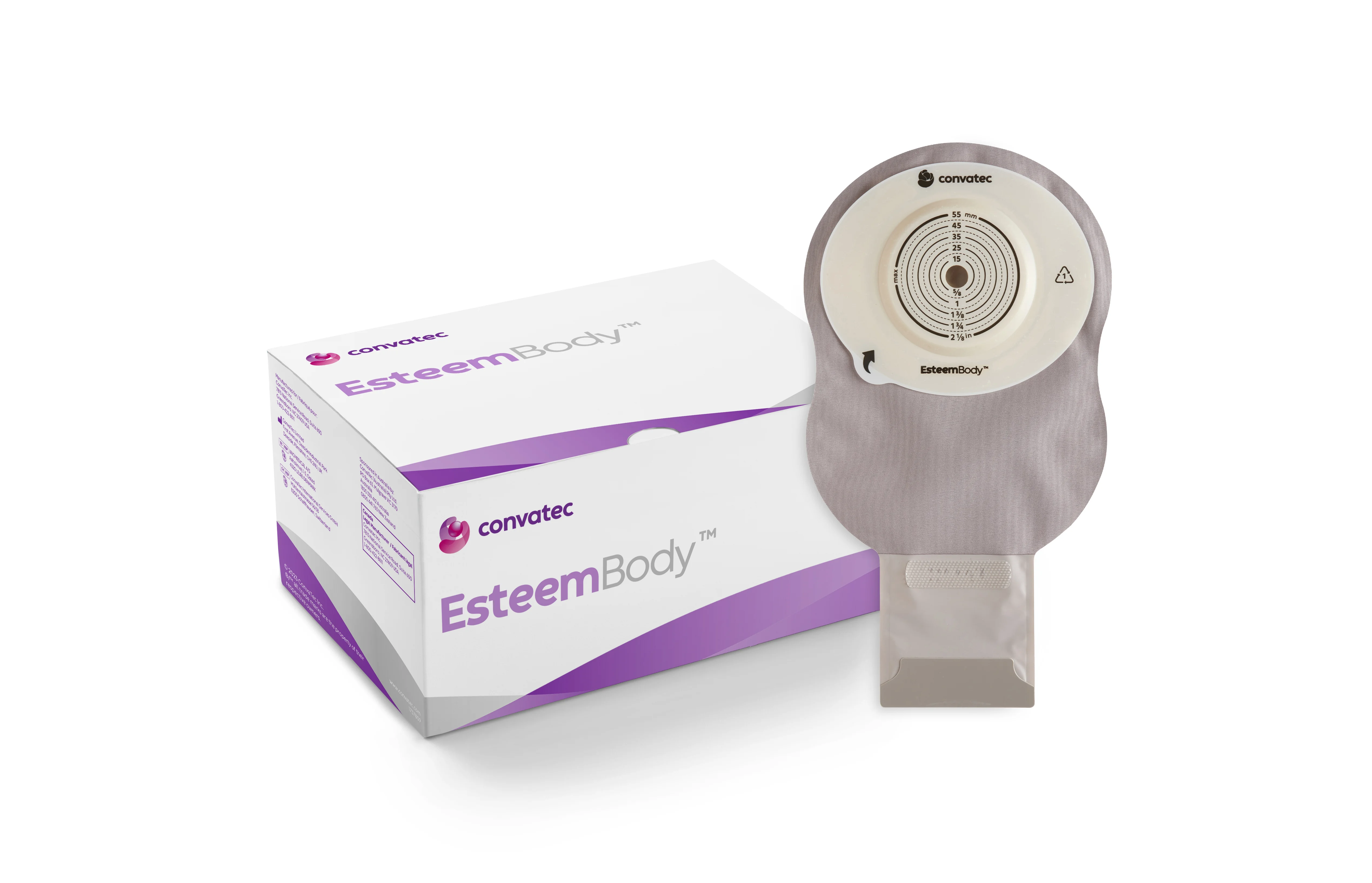 Esteem Body™ Soft Convex One-Piece Drainable Pouches with outer packaging