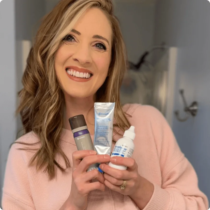 Smiling woman with Stomahesive® products and ESENTA™ Adhesive Remover, promoting skin care and well-being.