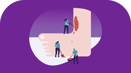 : Grafische Darstellung eines Fußes mit einer Wunde, die symbolisch von drei Personen „repariert“ wird.